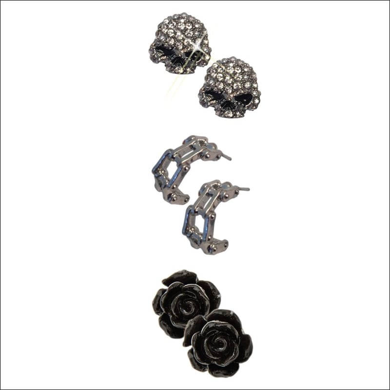 CHROME BLING SKULL CHAIN & BLACK ROSE EARRING SET - EARRING