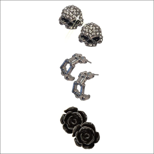 CHROME BLING SKULL CHAIN & BLACK ROSE EARRING SET - EARRING