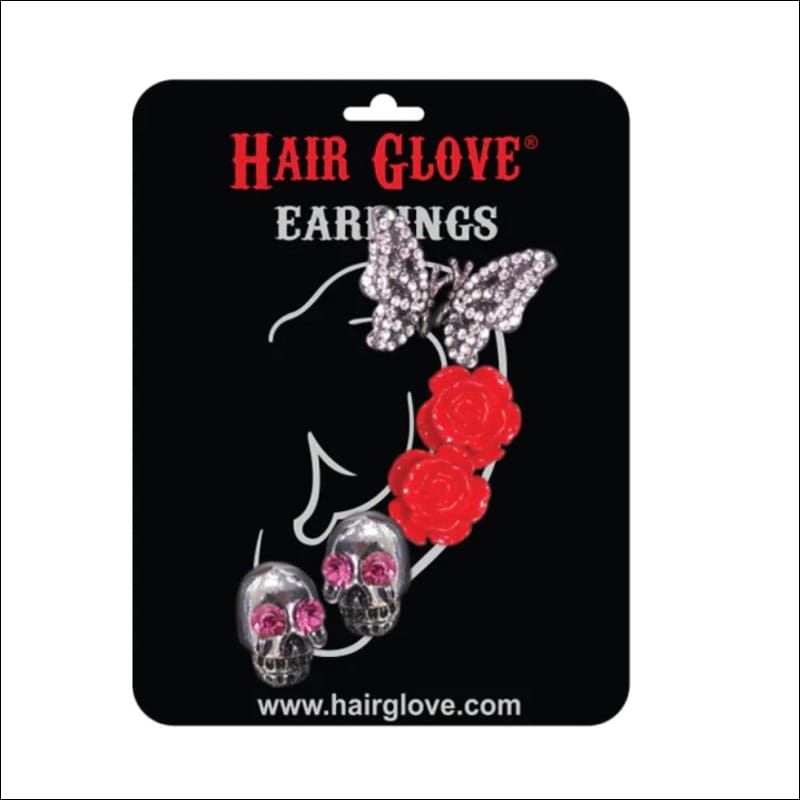 BUTTERFLY RED ROSE& CHROME SKULL EARRING SET