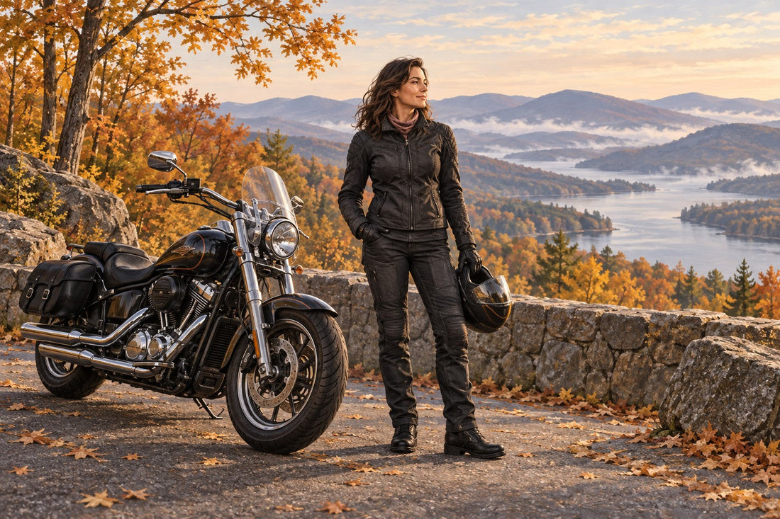 AI-generated illustration of a woman in motorcycle gear beside a cruiser at an autumn mountain overlook.