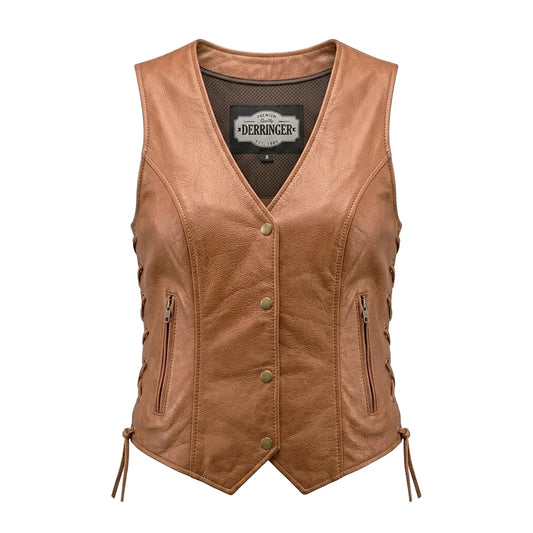 Leah - Women's Lambskin Leather Motorcycle Vest (Brown)