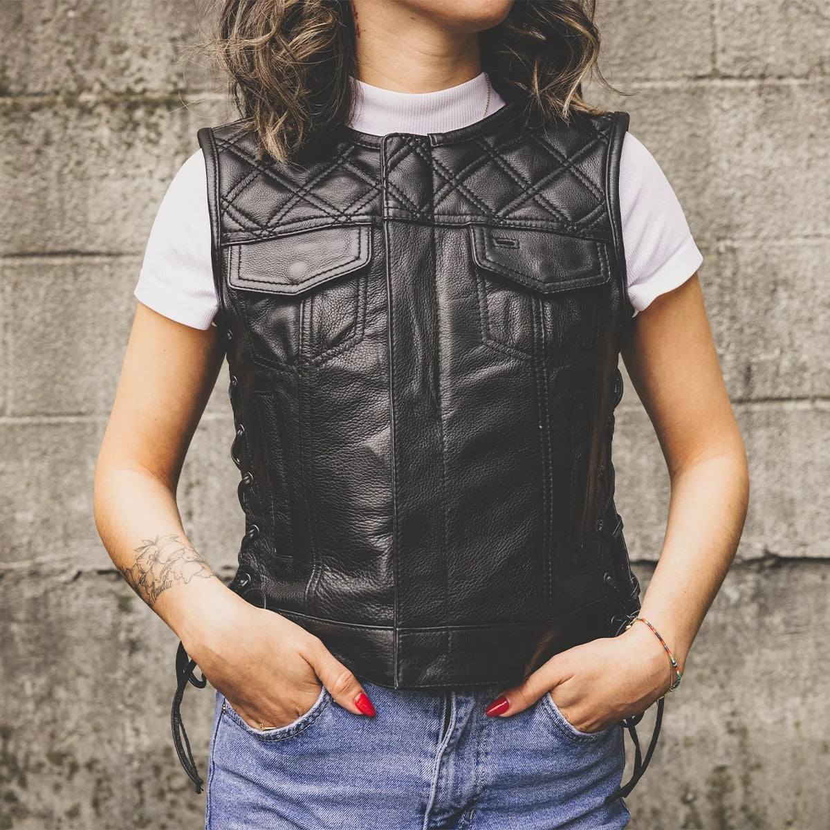 BONNIE WOMEN'S DIAMOND QUILT LEATHER MOTORCYCLE VEST