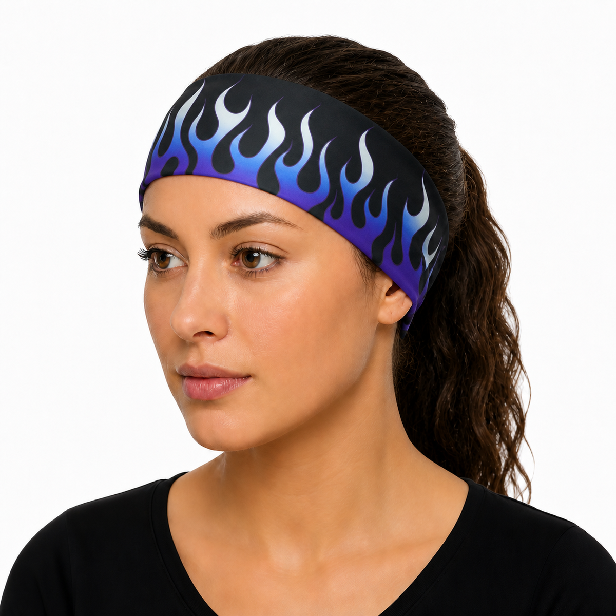 Blue Flame headband worn from the front with flames pointing upward