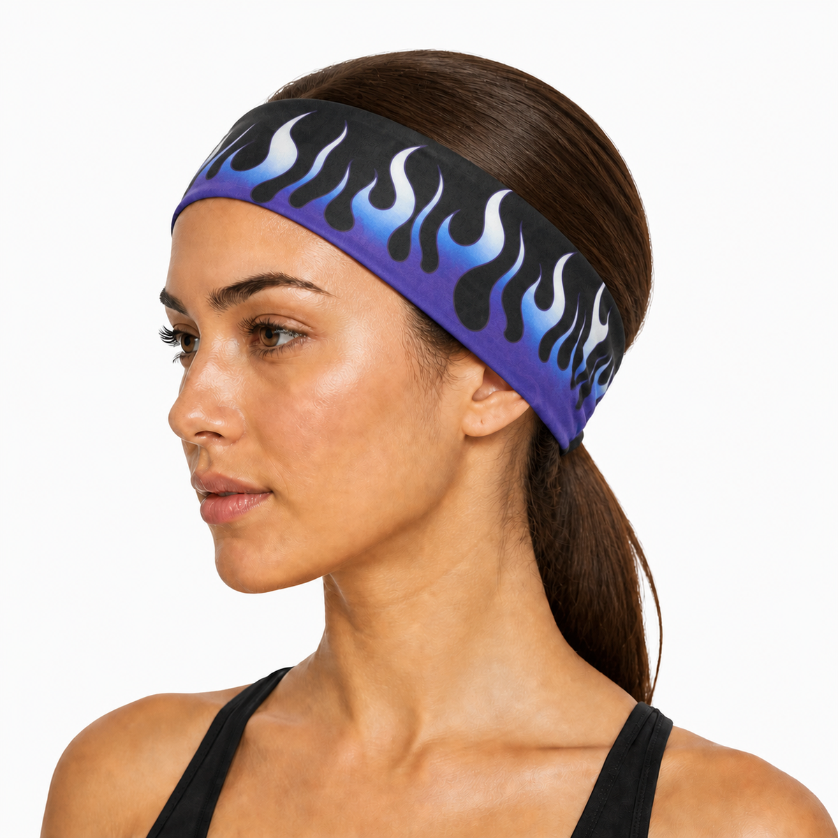 Blue Flame headband worn from the side with flames pointing upward