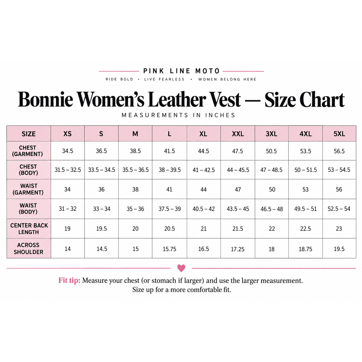 Bonnie women's diamond quilt leather motorcycle vest size chart