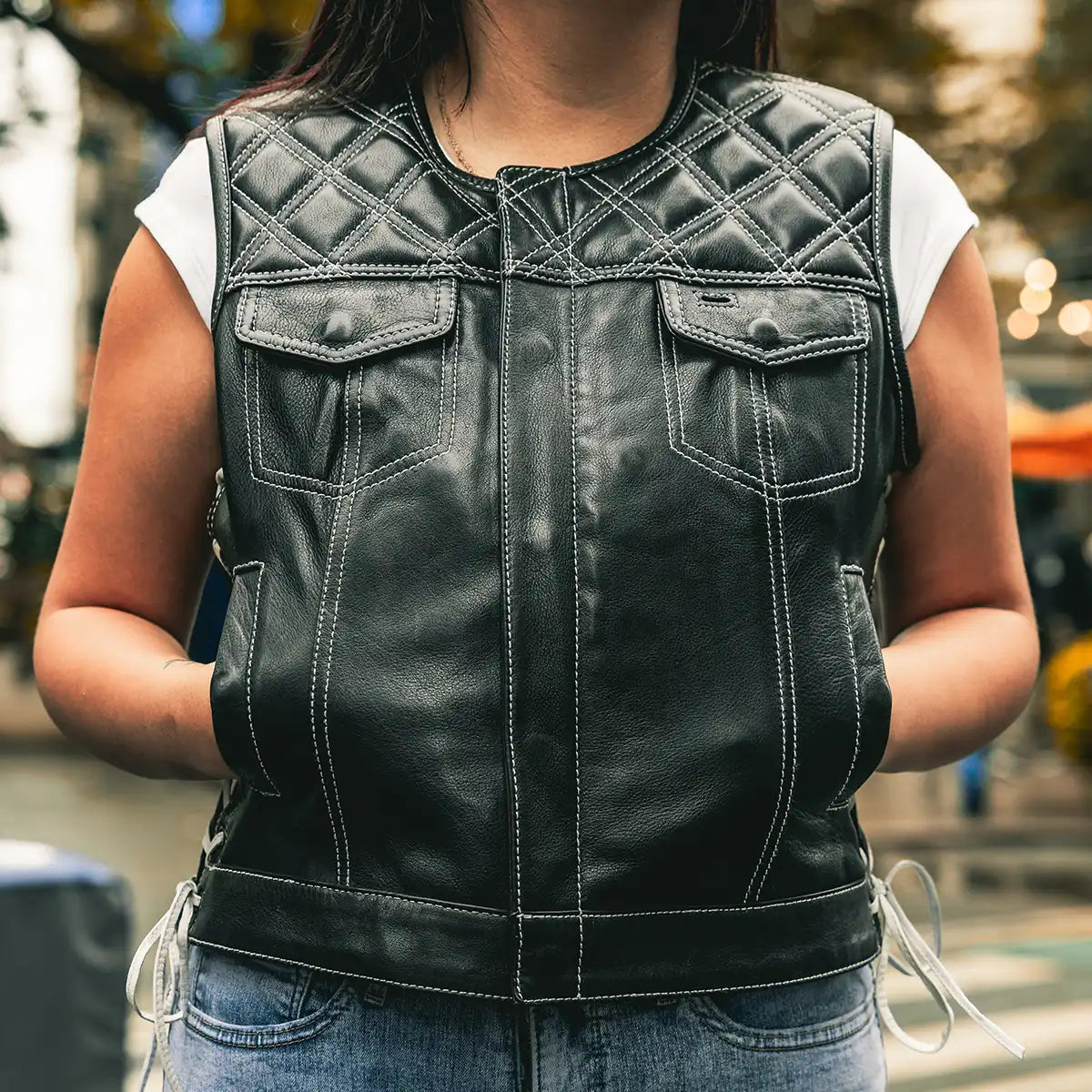 BONNIE WOMEN'S DIAMOND QUILT LEATHER MOTORCYCLE VEST