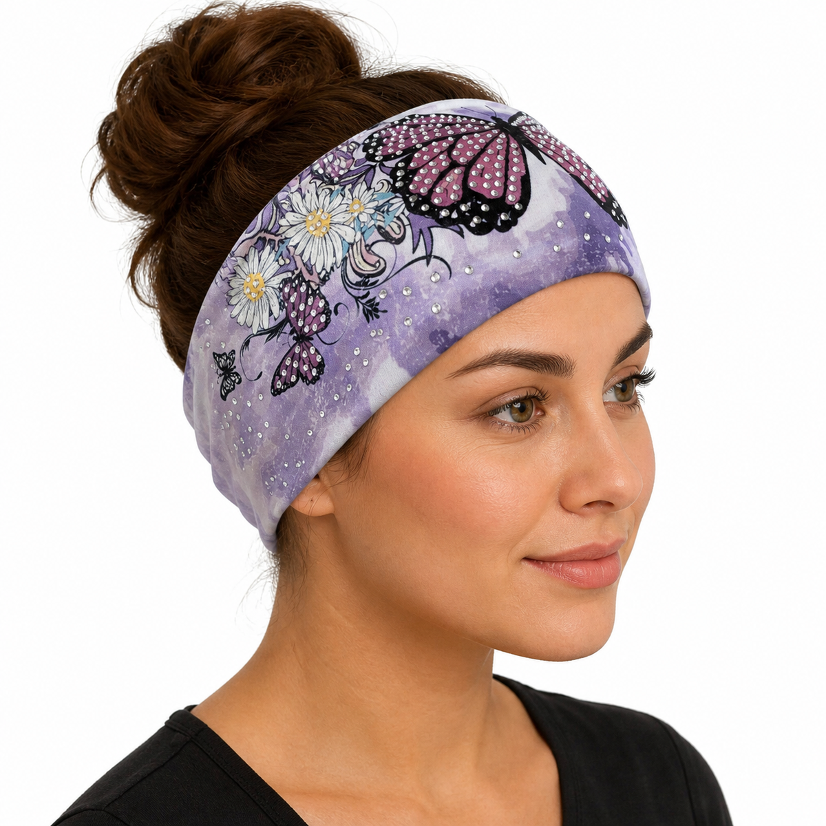 Butterfly Tie-Dye head wrap worn from the side
