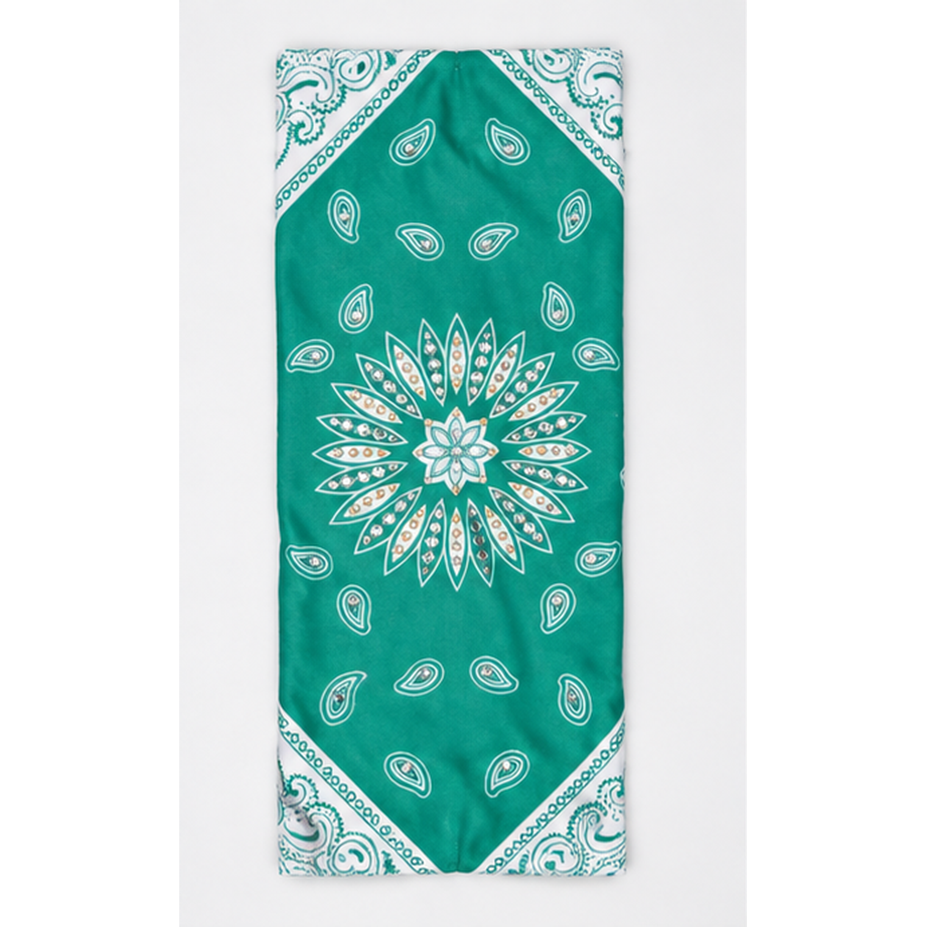 Turquoise Starburst Paisley head wrap laid flat, full product view
