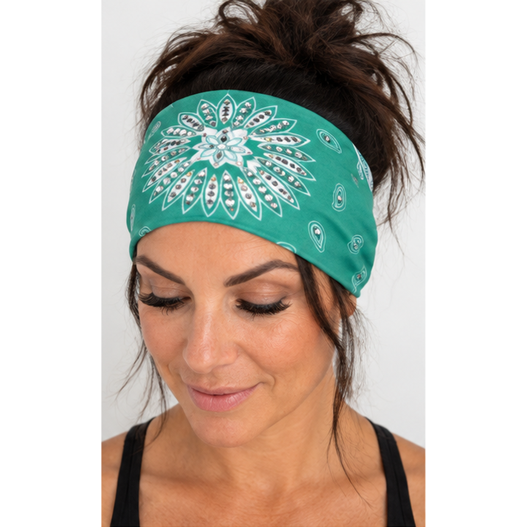 Turquoise Starburst Paisley head wrap worn from the front