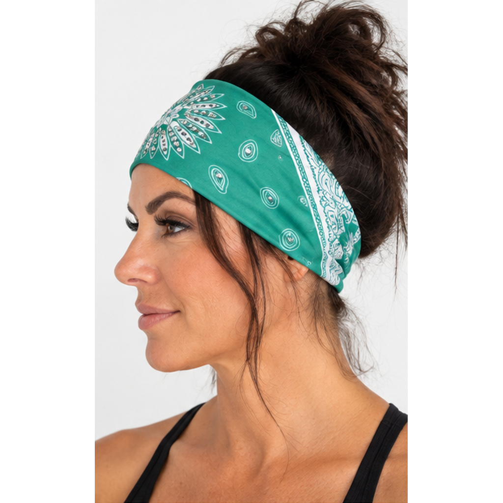 Turquoise Starburst Paisley head wrap worn from the side