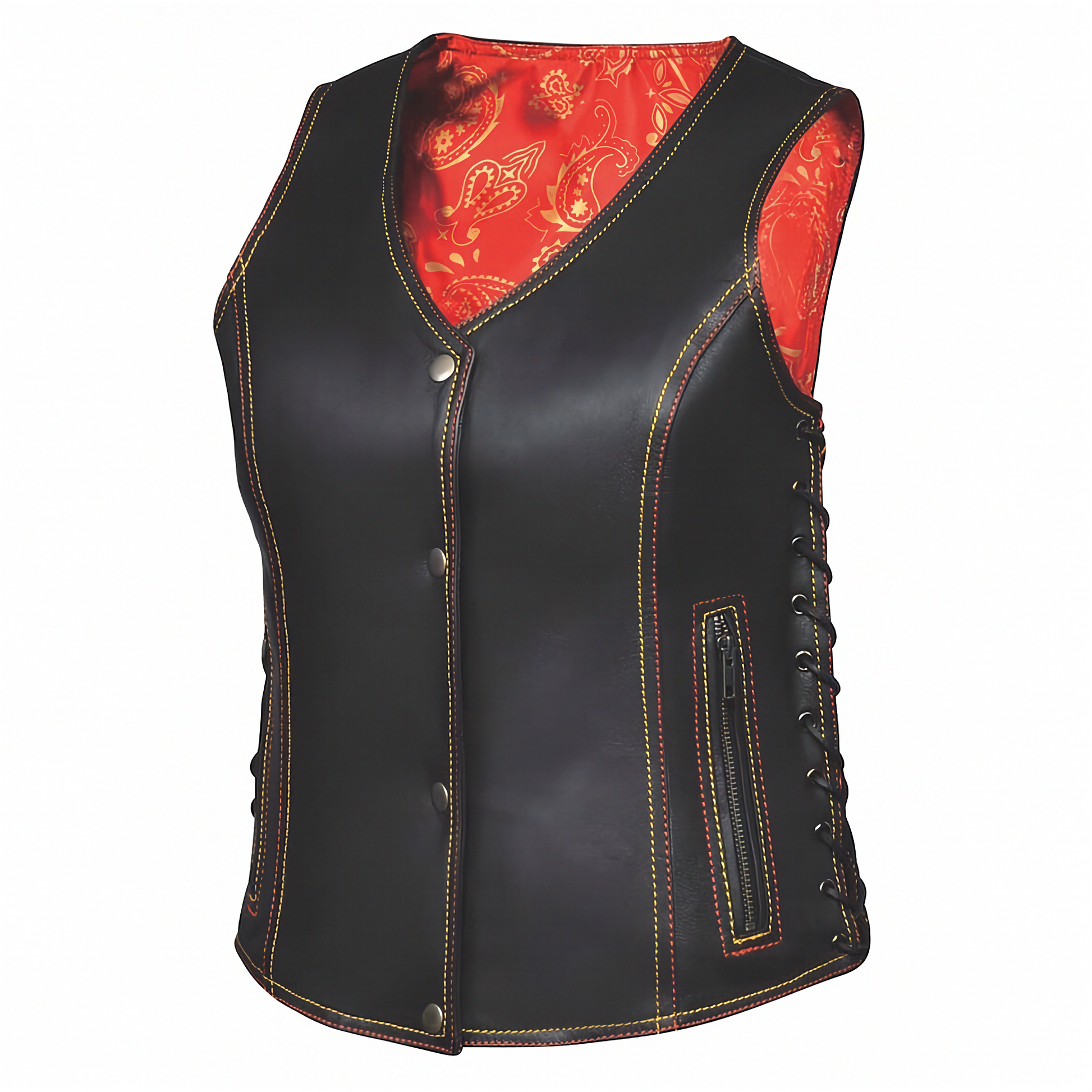 Women's black leather vest with red and gold paisley lining