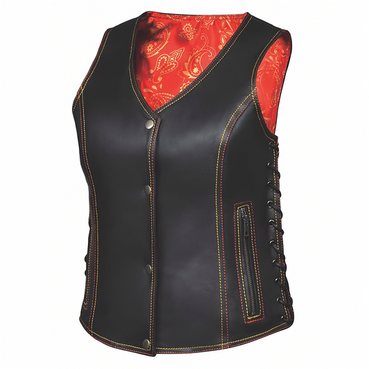 Women's black leather vest with red and gold paisley lining