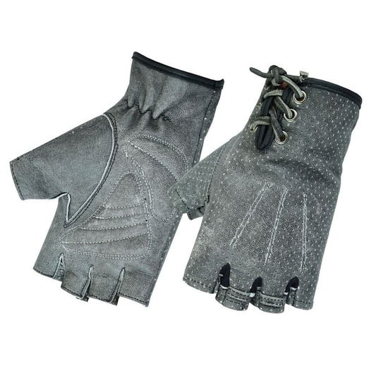GRAY LACED FINGERLESS GLOVES
