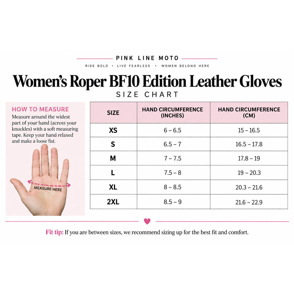 Roper BF10 women's motorcycle leather gloves size chart
