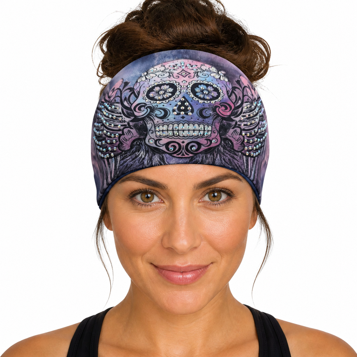 Sugar Skull Wings headwrap worn from the front
