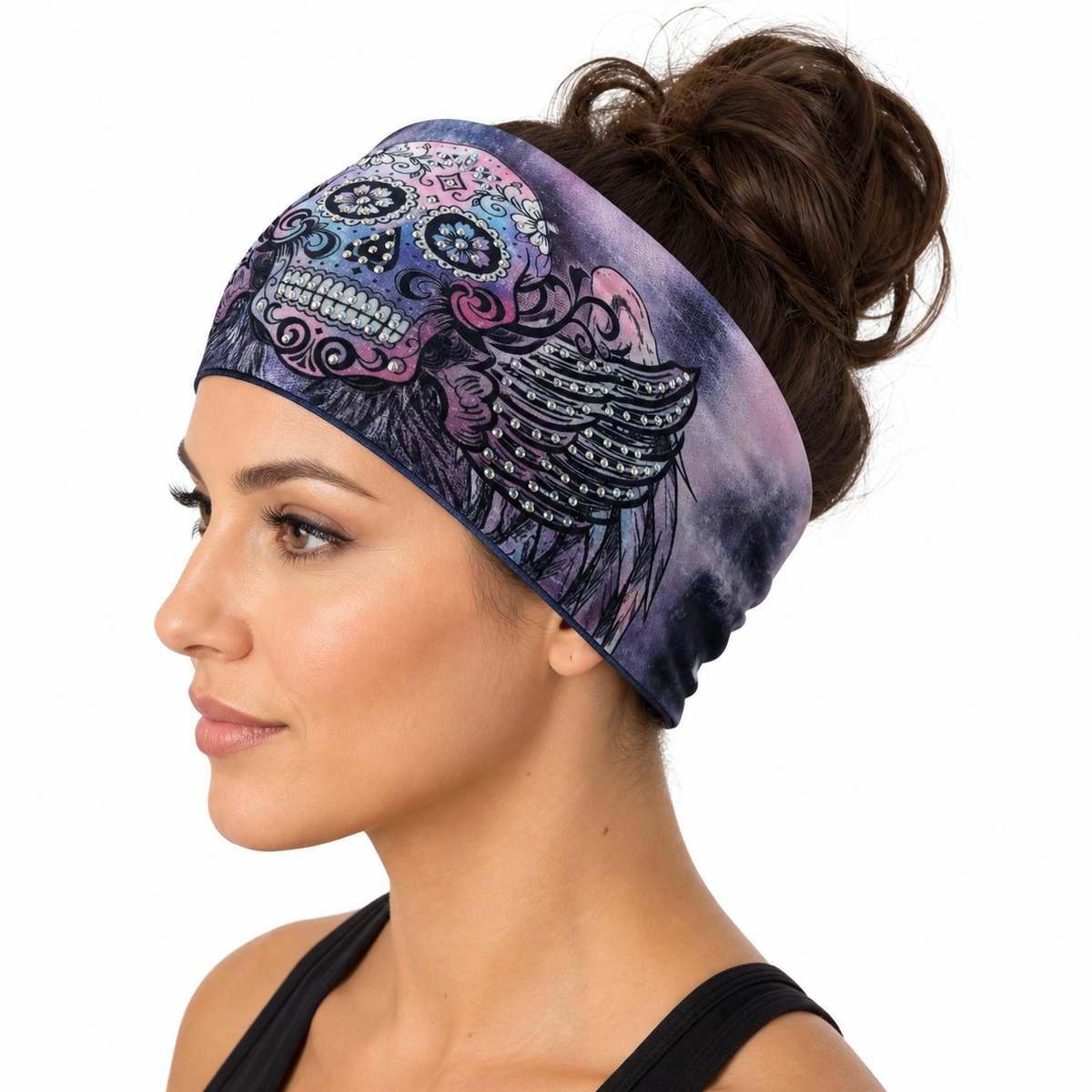 Sugar Skull Wings headwrap worn from the side