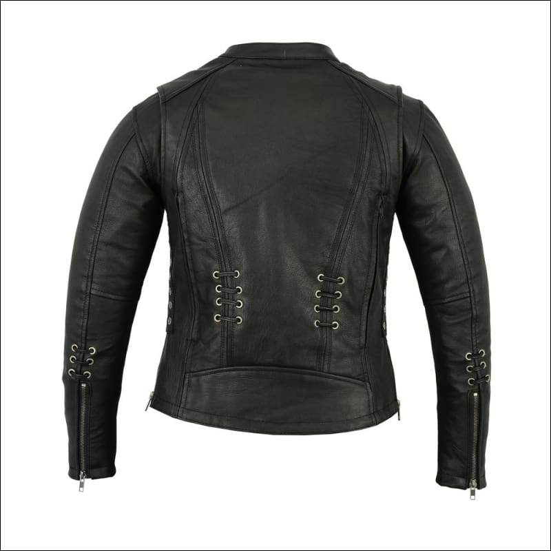 WOMENS LEATHER JACKET WITH GROMMET AND LACING ACCENTS - WOMEN'S LEATHER MOTORCYCLE JACKET