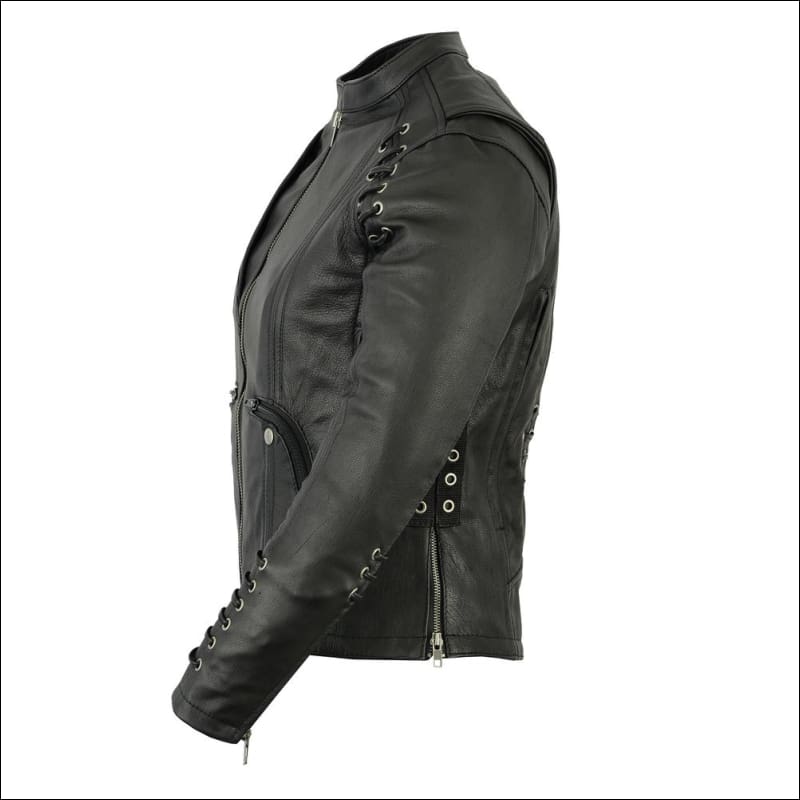 WOMENS LEATHER JACKET WITH GROMMET AND LACING ACCENTS -WOMEN'S LEATHER MOTORCYCLE  JACKET