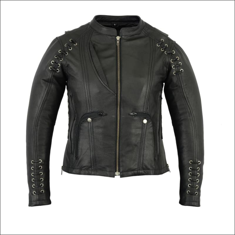 WOMENS LEATHER JACKET WITH GROMMET AND LACING ACCENTS -WOMEN'S LEATHER MOTORCYCLE  JACKET