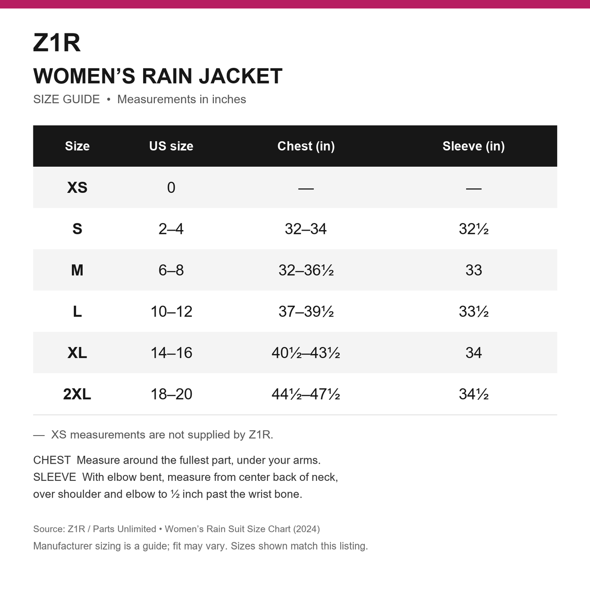 Z1R women's rain jacket size chart with measurements in inches; XS measurements not supplied by manufacturer
