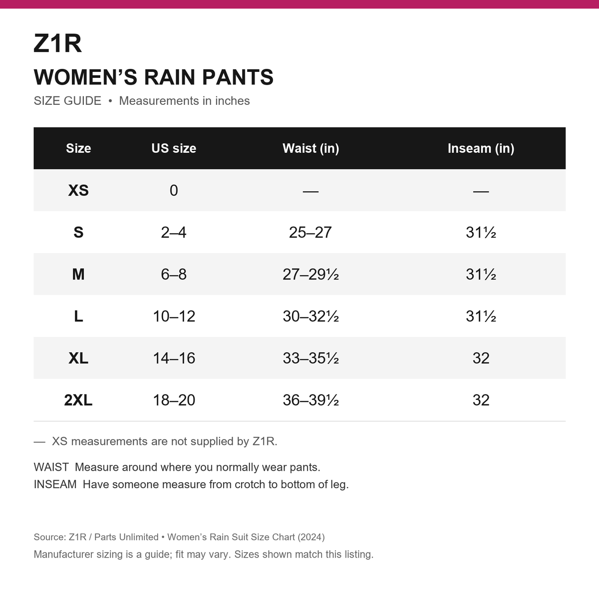 Z1R women's rain pants size chart with measurements in inches; XS measurements not supplied by manufacturer